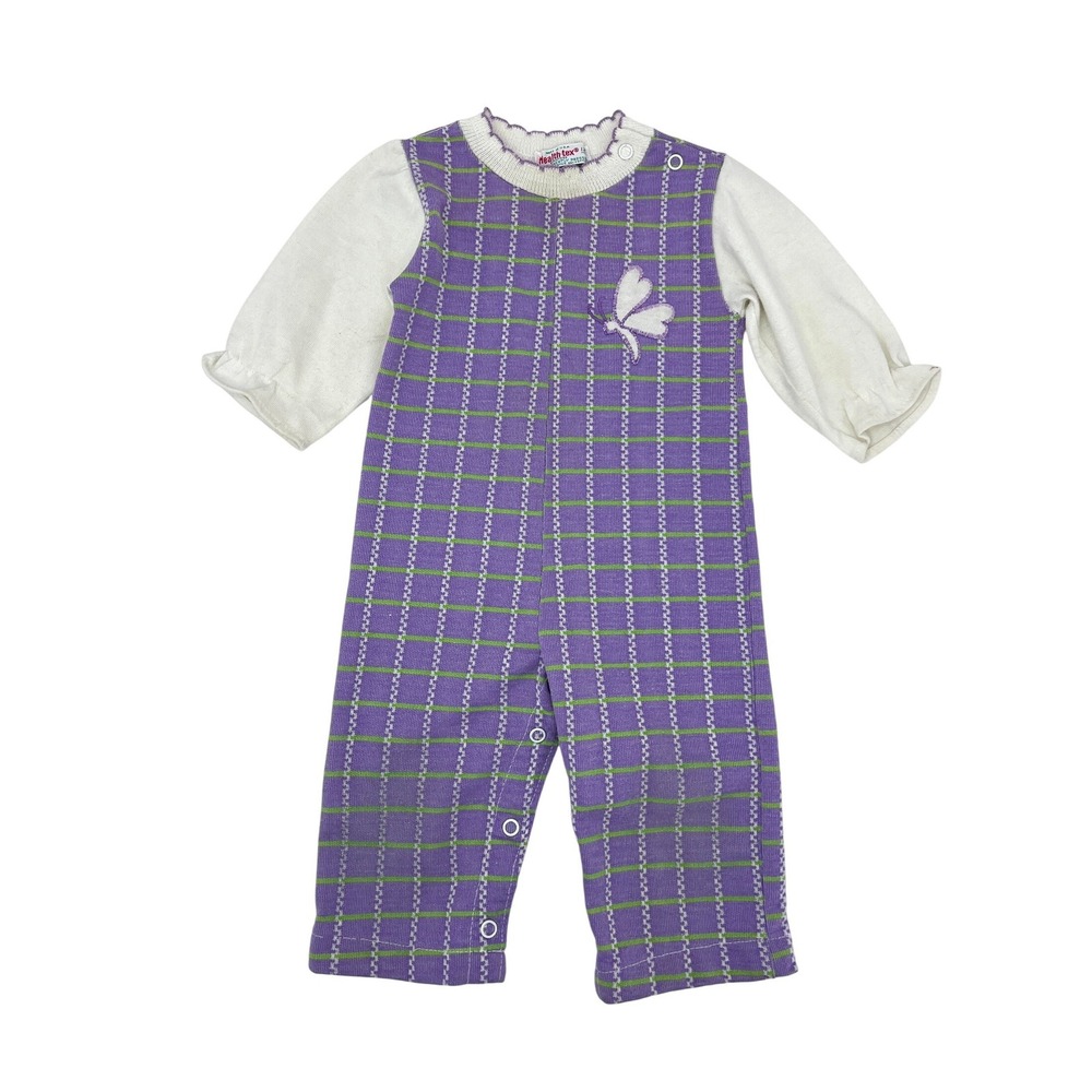 Vintage Health-tex Purple Plaid Butterfly‎ Knit Jumpsuit Romper 12 Months USA